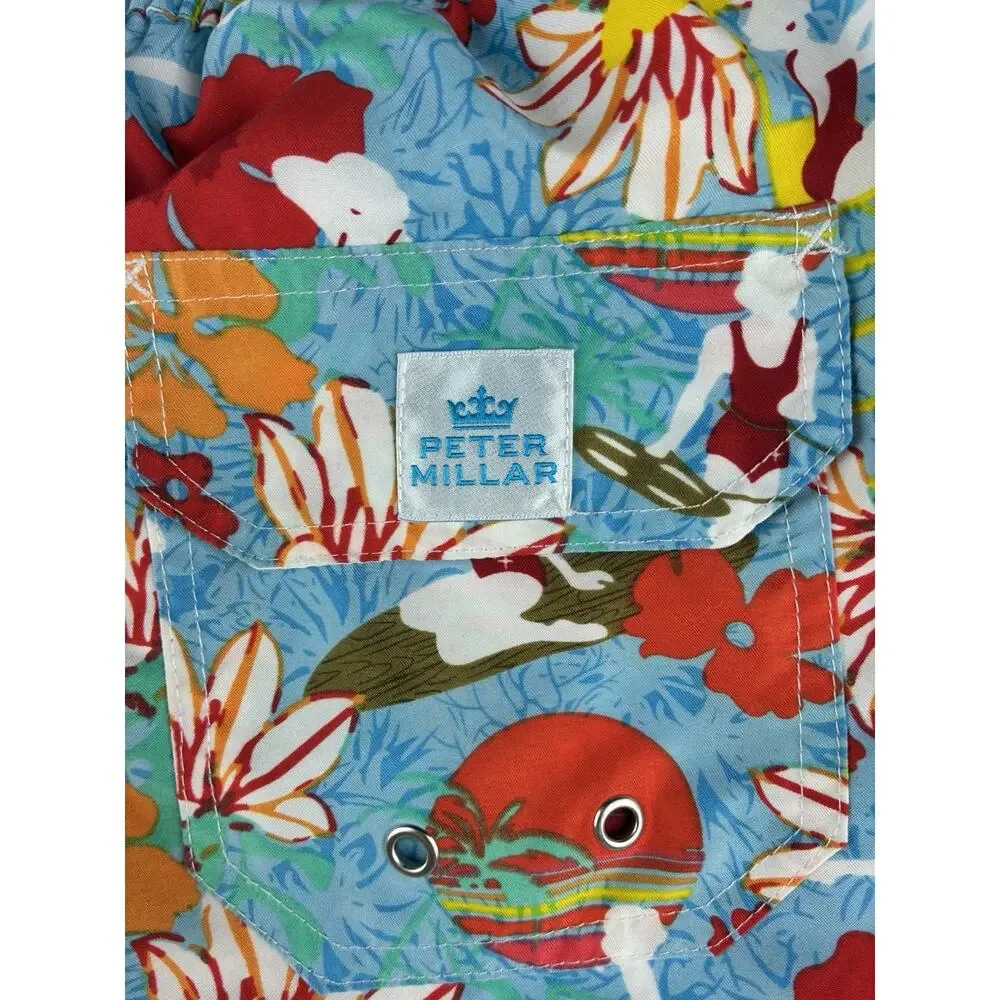 Peter Millar Mens M Floral Swim Trunks Blue Tropical Board Shorts Mesh Lined